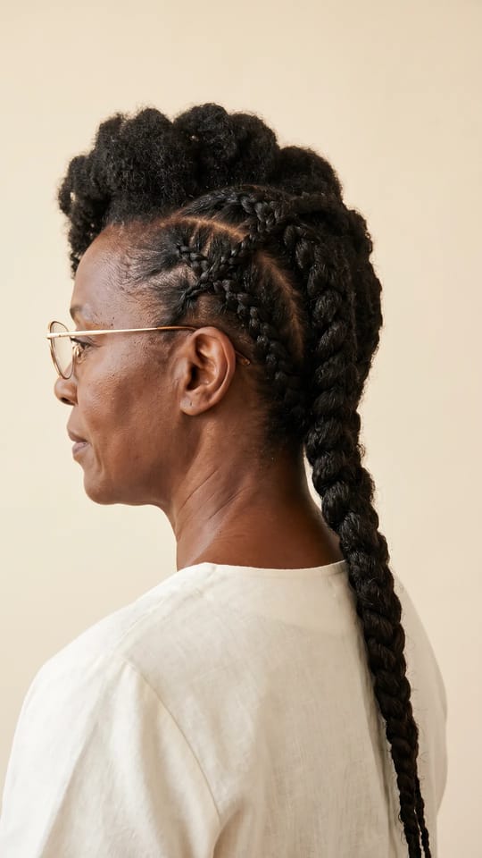 Cornrows croisées : Cornrows croisées en diagonale de chaque côté de la tête, qui se rejoignent en une longue tresse centrale dans le dos, noir naturel, raies fines et nettes.