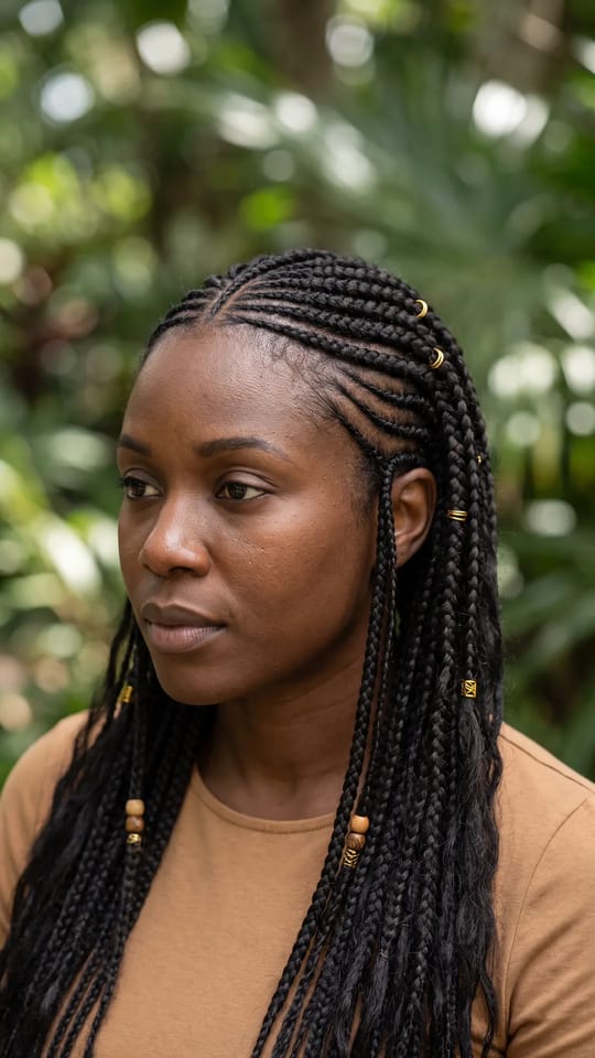 Fulani braids perlées : Fulani braids : une natte centrale du front au sommet, des nattes sur les côtés qui vont vers le visage, de longues tresses libres derrière avec des anneaux dorés et quelques perles en bois.
