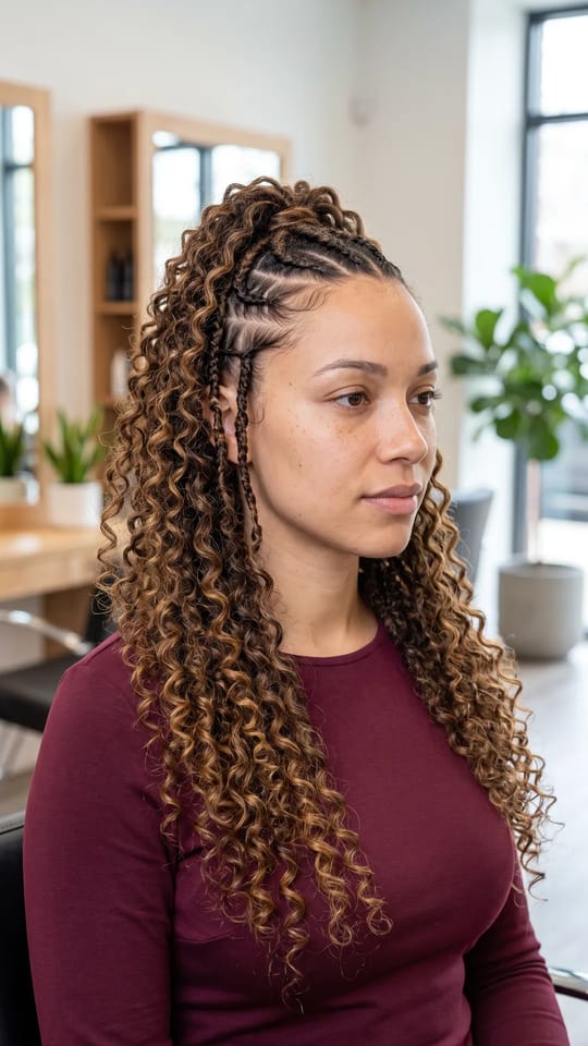 Ghana braids demi-relevées : Quelques nattes collées sur le dessus relevées à moitié au sommet, le reste en longues mèches bouclées brun et miel qui tombent sur les épaules.