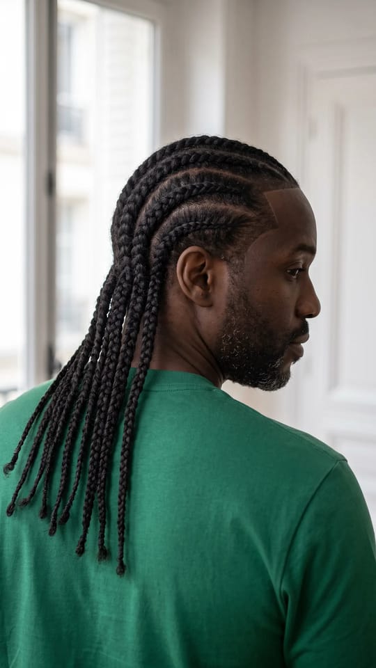 Longues cornrows d'homme : Longues cornrows d'homme droites vers l'arrière, tombant jusqu'aux omoplates en tresses libres, raies nettes, contour de la ligne de front soigné.