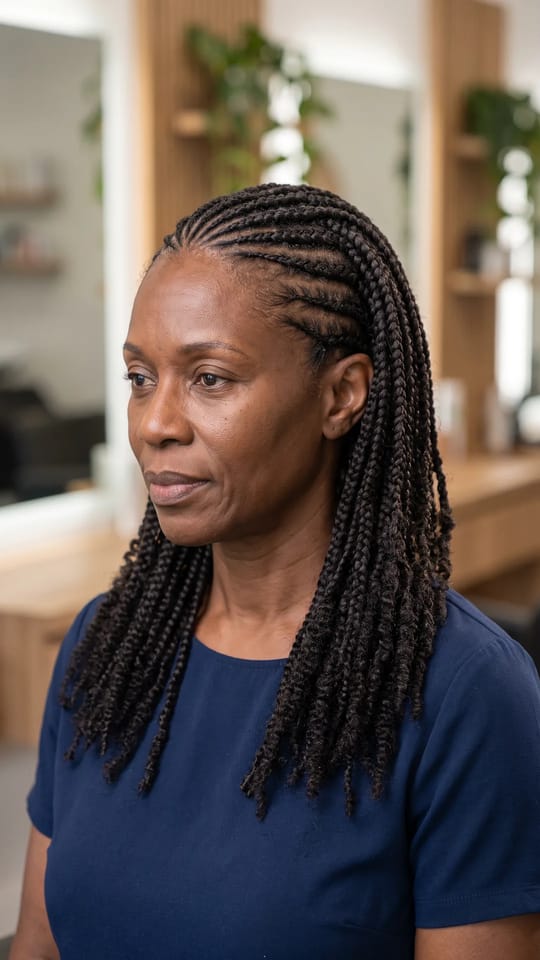 Cornrows et knotless en hybride : Hybride : nattes collées sur le devant et les côtés qui se transforment en knotless braids à l'arrière, longueur mi-dos, noir naturel, raccord invisible.
