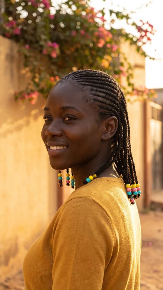Cornrows perlées colorées : Cornrows fines vers l'arrière terminées par des tresses courtes ornées de perles colorées (jaune, turquoise, rose), longueur aux épaules, effet joyeux et ludique.