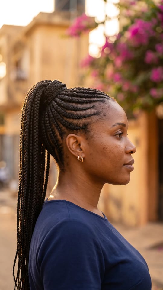 Cornrows en haute queue : Nattes collées fines qui montent vers le sommet et se rejoignent en une haute queue de longues tresses, tempes dégagées, noir naturel brillant.
