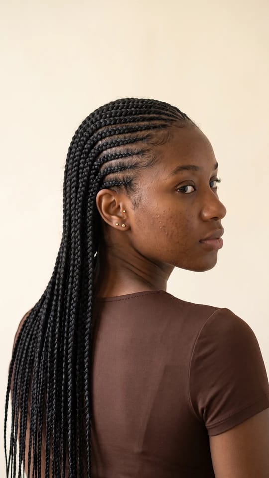 Stitch braids droites : Stitch braids : nattes collées longues, droites vers l'arrière, avec l'effet de « points » bien marqué sur chaque natte, raies très nettes, noir profond.