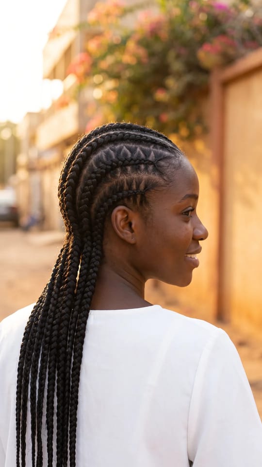 Cornrows zigzag : Cornrows fines en zigzag net sur tout le crâne, partant de la raie centrale, prolongées en longues tresses jusqu'aux omoplates, noir profond.