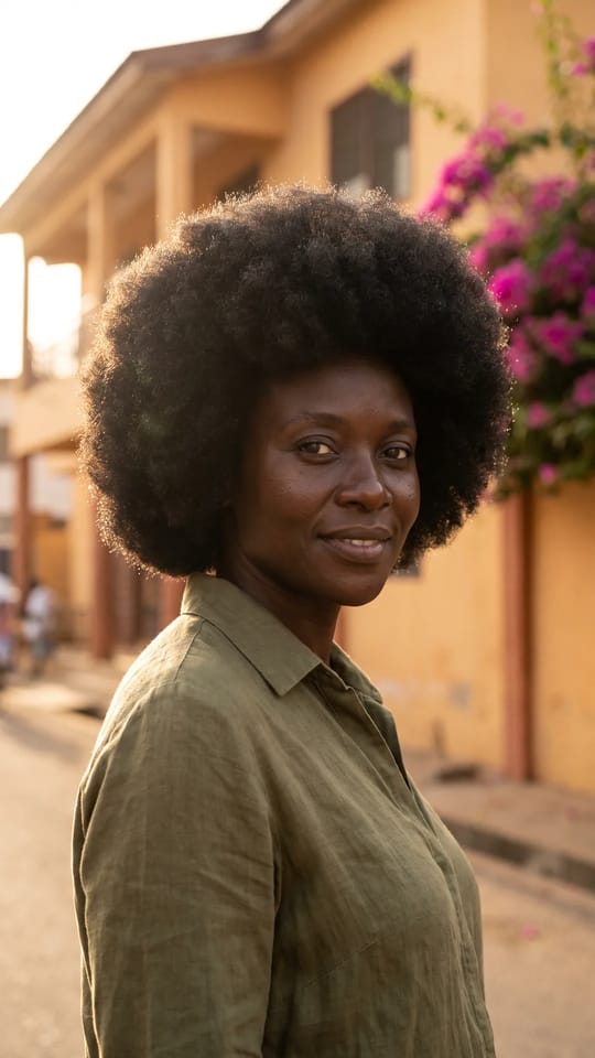Afro mi-long bien arrondi : Afro mi-long entièrement arrondi, silhouette ronde et symétrique, volume dense, contours nets du front aux tempes, cheveux hydratés et brillants.