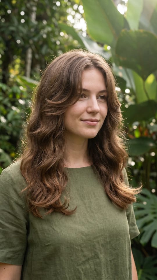 Butterfly cut aérien : Butterfly cut : cheveux longs avec de courts étages autour du visage et de longues couches dessous qui donnent un volume aérien, brushing souple vers l'extérieur.
