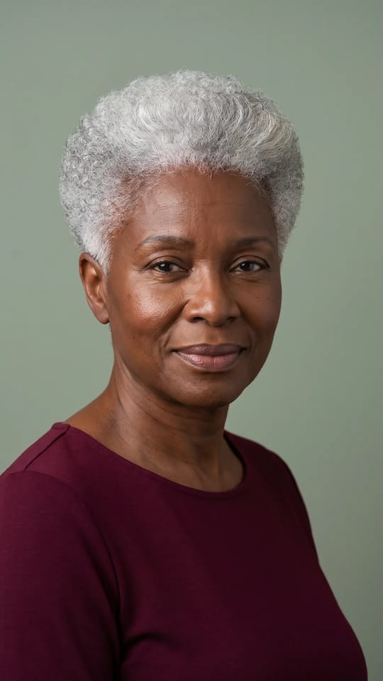 Coupe courte naturelle poivre et sel : Coupe courte et nette sur cheveux crépus naturellement gris et blancs, dessus légèrement plus long, contours soignés, forme douce qui dégage le visage.