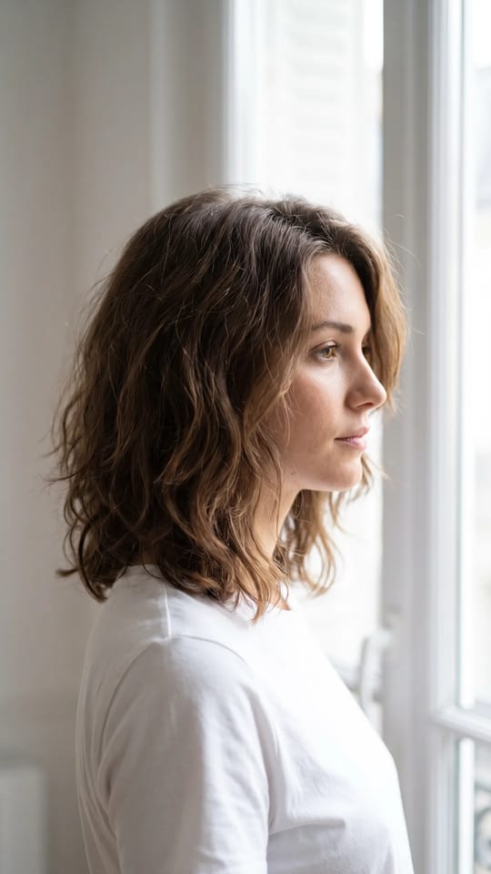 Lob flou aux épaules : Lob flou : carré long effilé qui frôle les clavicules, pointes texturées et légèrement déstructurées, quelques étages autour du visage, raie sur le côté, châtain naturel.