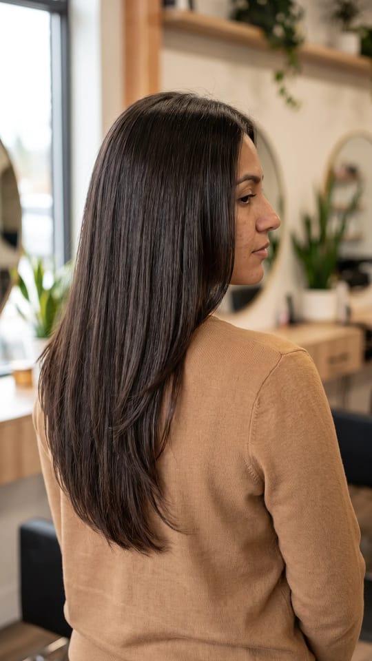 Longue dégradée en douceur : Cheveux longs jusqu'au milieu du dos, dégradé doux en V avec de longs étages fondus qui donnent du mouvement, pointes légères, aucun effet de marche.