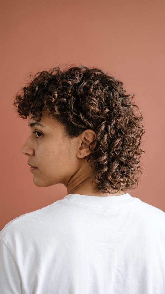 Mulet doux et texturé : Mulet doux : dessus et côtés courts et texturés, longueurs plus longues dans la nuque qui retombent en boucles souples, effet rock mais fondu.