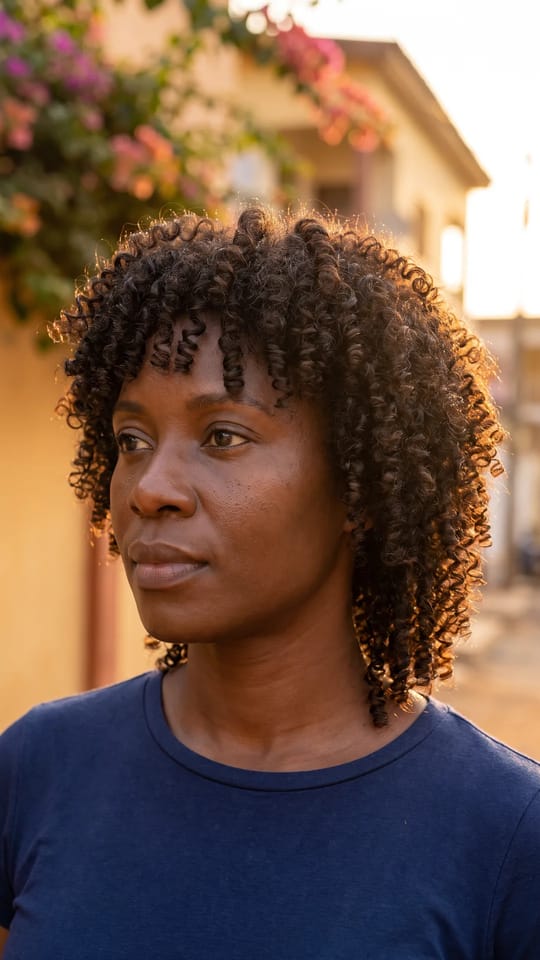 Shag moderne sur boucles : Shag moderne sur cheveux bouclés : étages courts sur le dessus pour le volume, boucles souples qui rebondissent, frange courte arrondie fondue dans les côtés.