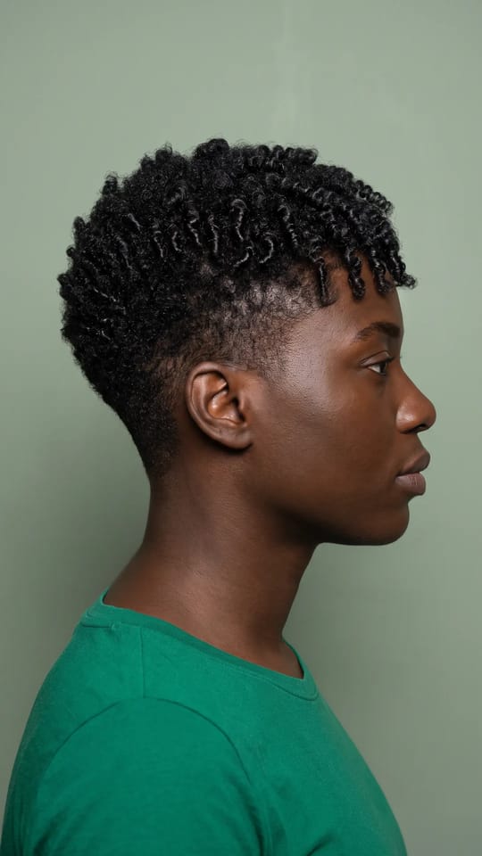 Tapered cut, boucles définies : Coupe dégradée sur cheveux crépus : dessus plus long aux boucles bien définies, côtés et nuque raccourcis progressivement en dégradé doux, contour net.