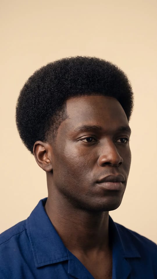 Perruque homme afro ajustée : Système capillaire d'homme afro ajusté : densité allégée devant, couleur fondue au noir naturel, ligne de front nette, forme ronde.