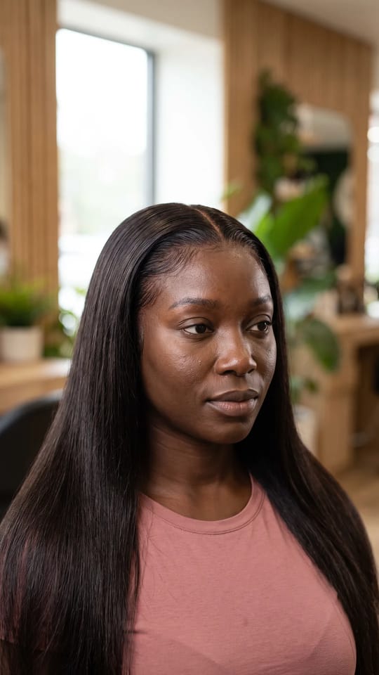 Plucking de la ligne de naissance : Ligne de naissance éclaircie en dégradé : quelques cheveux fins tout devant, puis la densité pleine derrière, sans bord de dentelle épais, aspect de vraie racine.