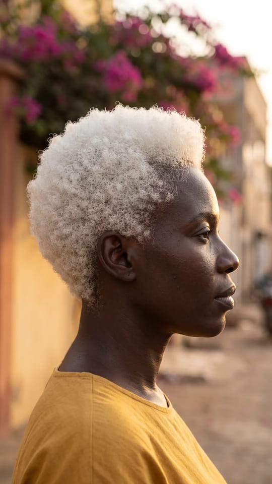 Blanc neige sur cheveux crépus : Cheveux crépus décolorés en blond blanc neige : couleur très claire et uniforme, boucles serrées conservées, forme arrondie nette.