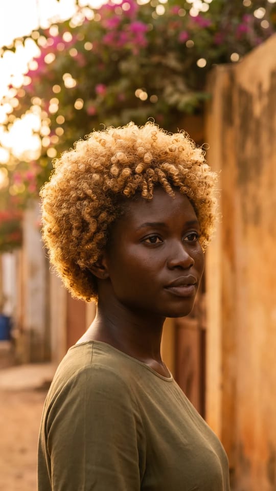 Blond 613 sur cheveux crépus : Cheveux crépus naturels décolorés en blond clair doré : couleur uniforme et lumineuse, boucles serrées préservées et hydratées.