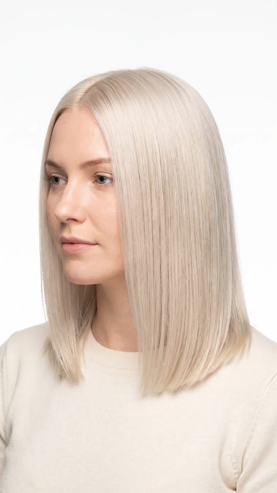 Blond platine éclatant : Décoloration totale en blond platine très clair, ton neutre sans reflet jaune, racines uniformes, longueur aux épaules brillante.