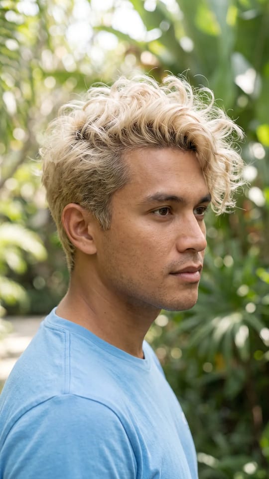 Boucles décolorées blond clair : Dessus bouclé décoloré en blond clair, boucles souples et texturées, côtés plus courts.