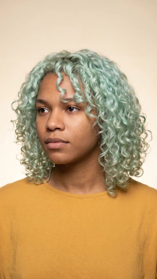 Vert menthe pastel : Vert menthe pastel sur cheveux décolorés, couleur fraîche et lumineuse, boucles souples aux épaules.