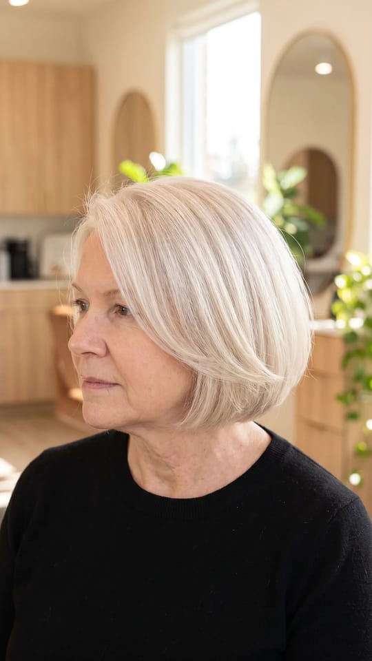 Blond platine doux : Blond platine doux et lumineux, fondu avec les fils blancs, ton perle sans effet contrasté, carré souple.