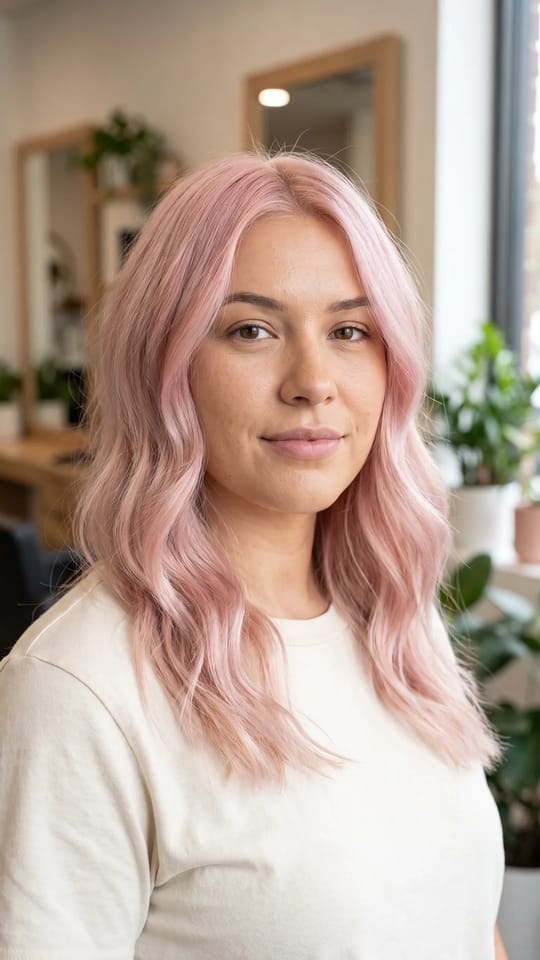 Rose pastel délavé : Rose pastel délavé sur blond décoloré, teinte douce et poudrée, longueurs ondulées, pointes un peu plus claires.