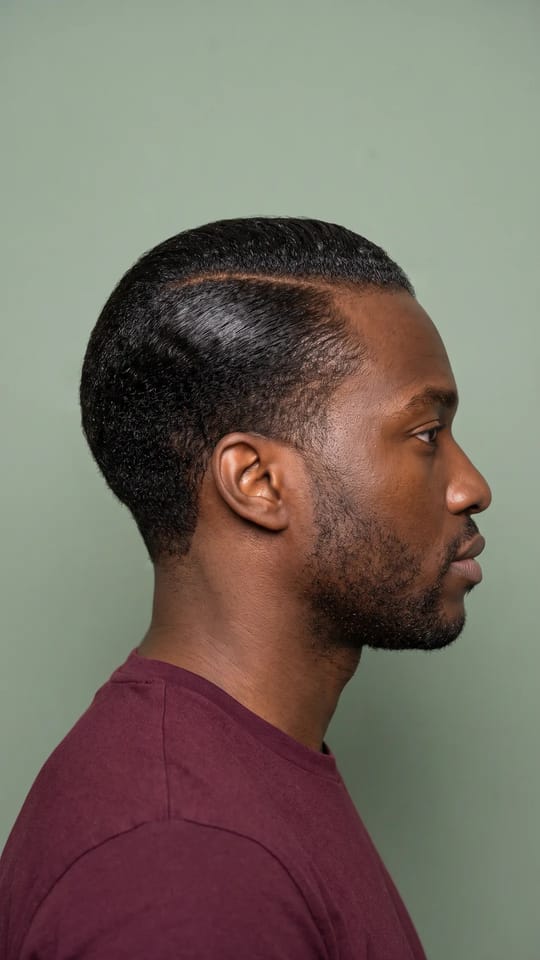 Défrisage homme, cheveux plaqués : Cheveux courts d'homme défrisés, lisses et peignés vers l'arrière, raie fine dessinée sur le côté, nuque dégradée, brillance saine.
