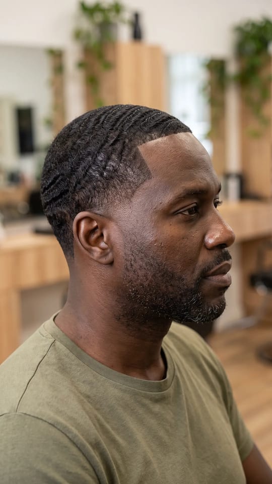 Défrisé homme, vagues brossées : Cheveux d'homme défrisés brossés en vagues douces et lisses, dégradé net sur les côtés, contour de la ligne de front bien tiré.