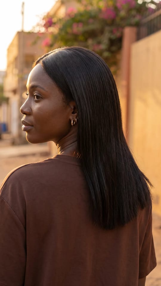Défrisage lisse brillant : Cheveux défrisés ultra lisses et brillants, longueur sous les omoplates, raie au milieu, noir naturel, mouvement souple et pointes saines.