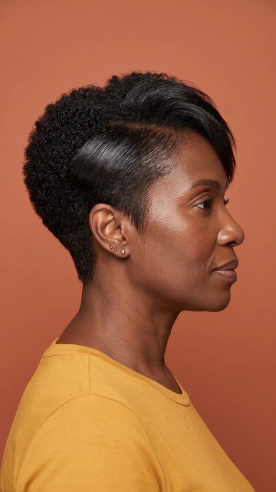 Pixie sur cheveux défrisés : Coupe pixie sur cheveux défrisés, côtés dégradés lisses et dessus plus long coiffé sur le côté, brillance, contour très précis.