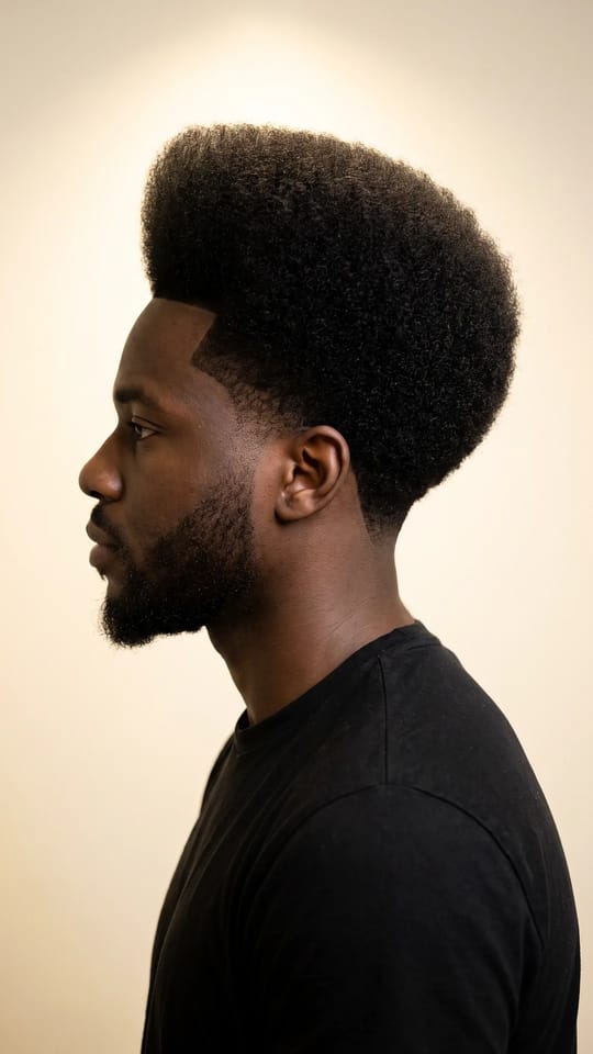 Extensions afro pour homme : Afro d'homme agrandi avec des extensions kinky fondues, plus de hauteur et de plénitude, forme ronde et contours nets.