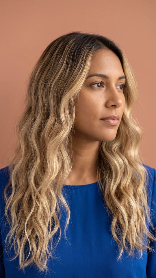 Extensions et balayage blond : Longues extensions ondulées avec un balayage blond, reflets de soleil, fondu naturel avec des racines foncées.