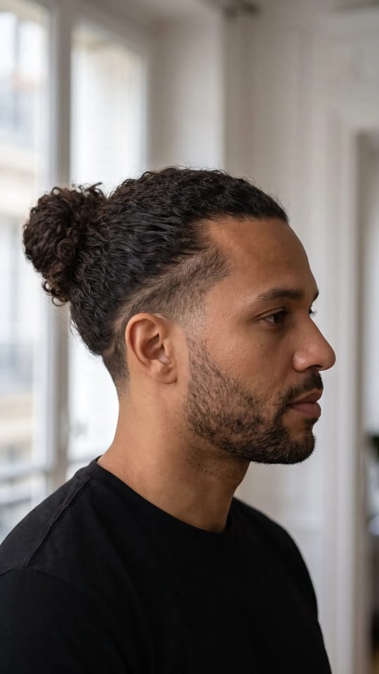 Extensions homme pour chignon : Extensions invisibles qui allongent les cheveux ondulés d'un homme, portées en chignon net, côtés dégradés propres, brun foncé naturel.