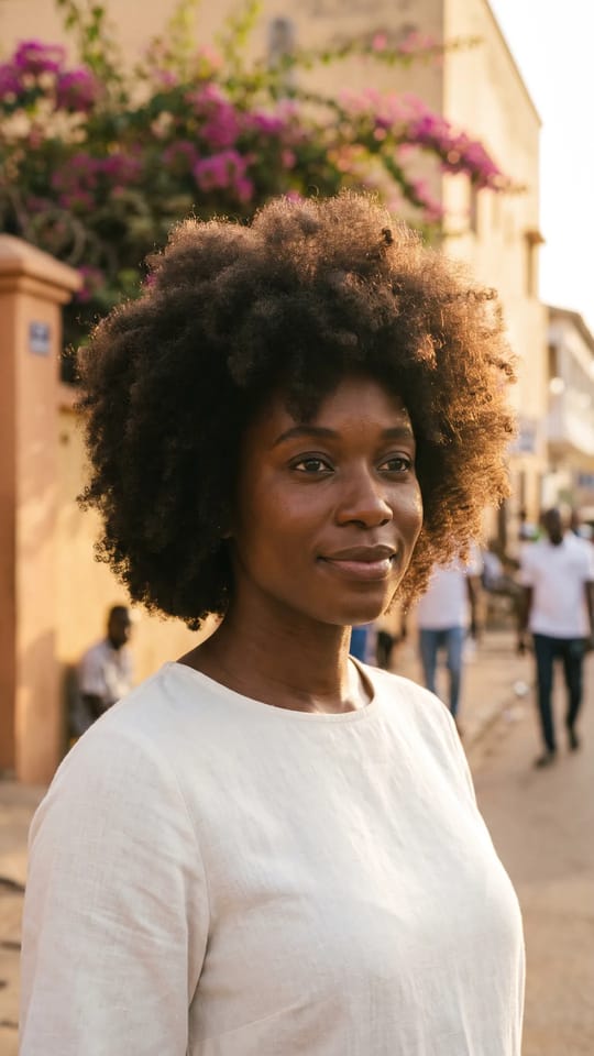 Extensions kinky clip-in sur afro : Extensions kinky curly à clips fondues dans des cheveux naturels 4C, longueur et volume en plus avec la même texture crépue, afro jusqu'aux épaules, aucune différence visible.