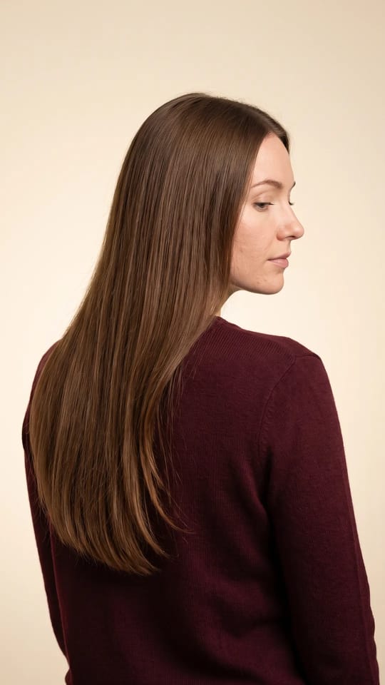 Extensions tape-in invisibles : Extensions tape-in invisibles qui ajoutent de la longueur : cheveux lisses fondus avec les naturels, longueur milieu du dos, châtain naturel.
