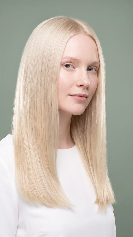 Blond lisse et lumineux : Cheveux blonds décolorés lissés et soyeux, très lumineux, longueur dans le dos, sans frisottis ni casse.