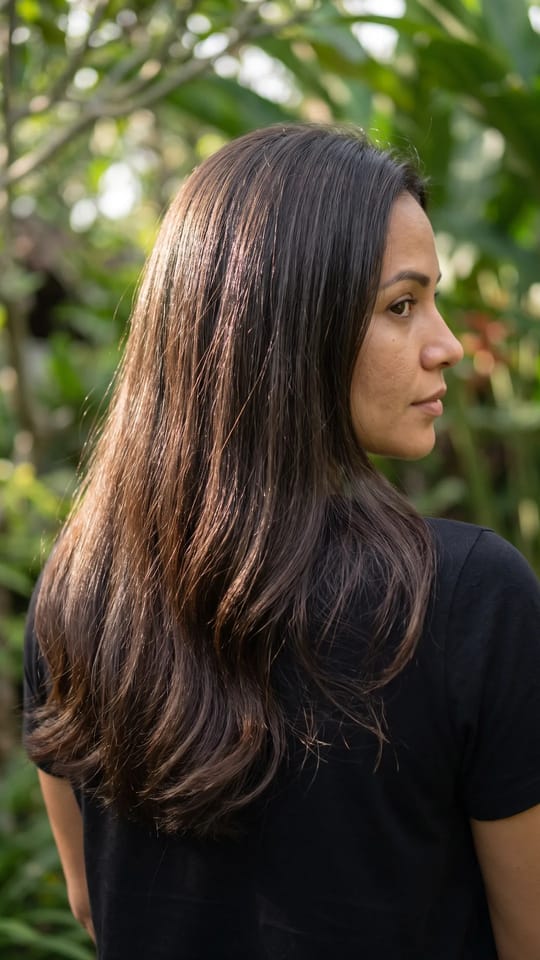 Lissage brésilien naturel : Lissage brésilien : cheveux longs lisses et soyeux gardant un mouvement naturel, frisottis disparus, brillance saine.