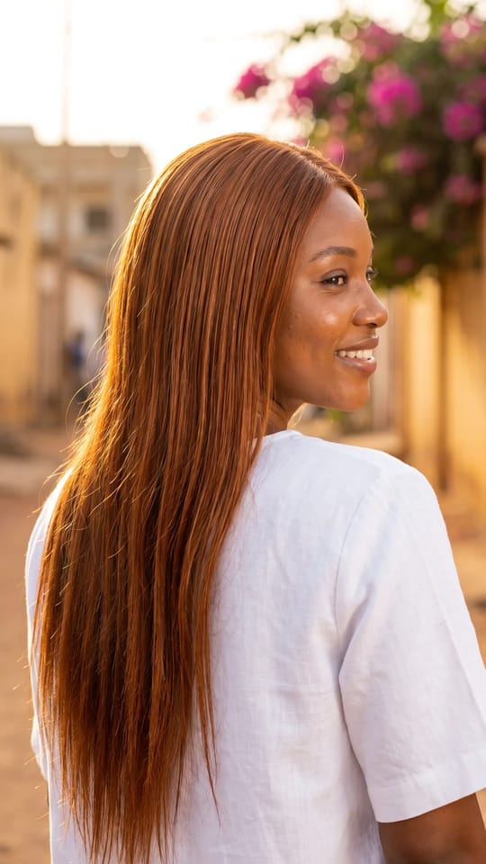 Cuivre lissé et lumineux : Cheveux cuivrés lissés et ultra brillants, longs et soyeux, couleur riche qui accroche la lumière.