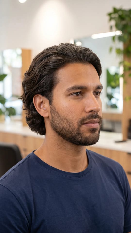 Lissage homme, cheveux mi-longs : Lissage kératine pour homme : cheveux mi-longs lisses, souples et sans frisottis, rejetés en arrière, brillance saine.