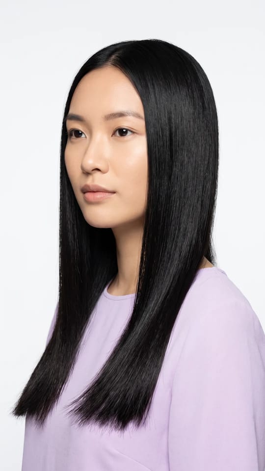 Lissage japonais ultra droit : Lissage japonais : cheveux parfaitement raides, droits comme une règle, brillance miroir, longueur mi-dos.