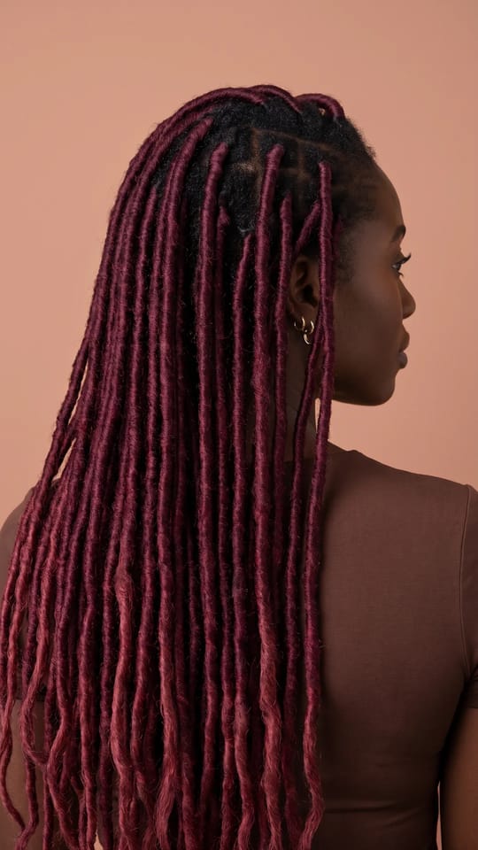 Faux locs bordeaux longues : Faux locs bordeaux longues jusqu'à la taille, pointes un ton plus clair, effet velours, épaisseur régulière.