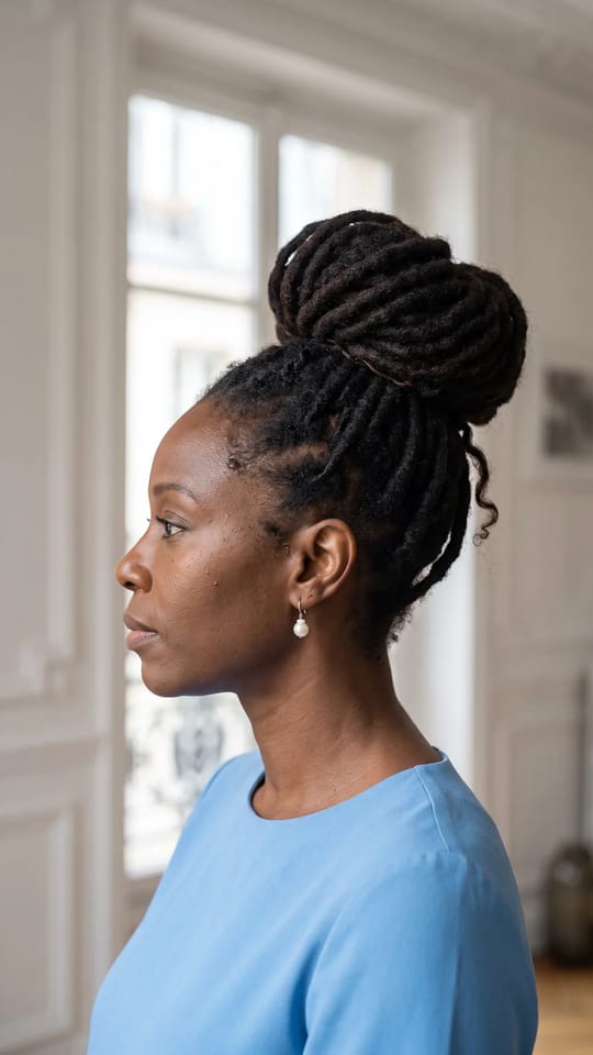 Locks relevées en chignon : Longues locks rassemblées en un chignon haut volumineux sur le sommet, quelques locks libres aux tempes, nuque dégagée, élégant.