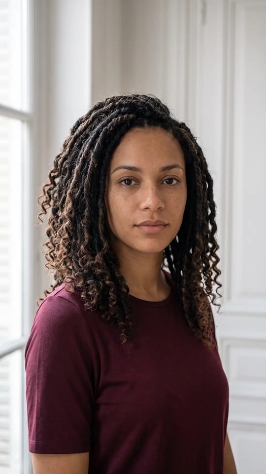 Faux locs bohèmes au crochet : Faux locs posées au crochet, style bohème, longueur épaules, boucles lâches aux pointes, brun foncé et noir mélangés, aspect doux et naturel.