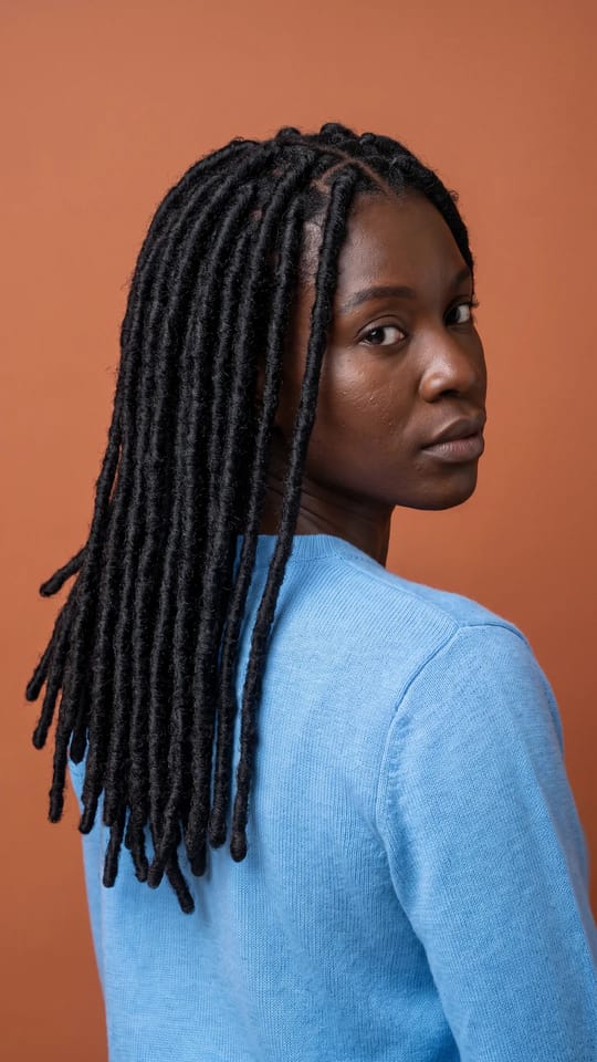 Faux locs classiques mi-dos : Faux locs classiques enroulées sur les cheveux naturels, épaisseur moyenne et régulière, longueur mi-dos, noir intense, texture mate et réaliste, raie au milieu.