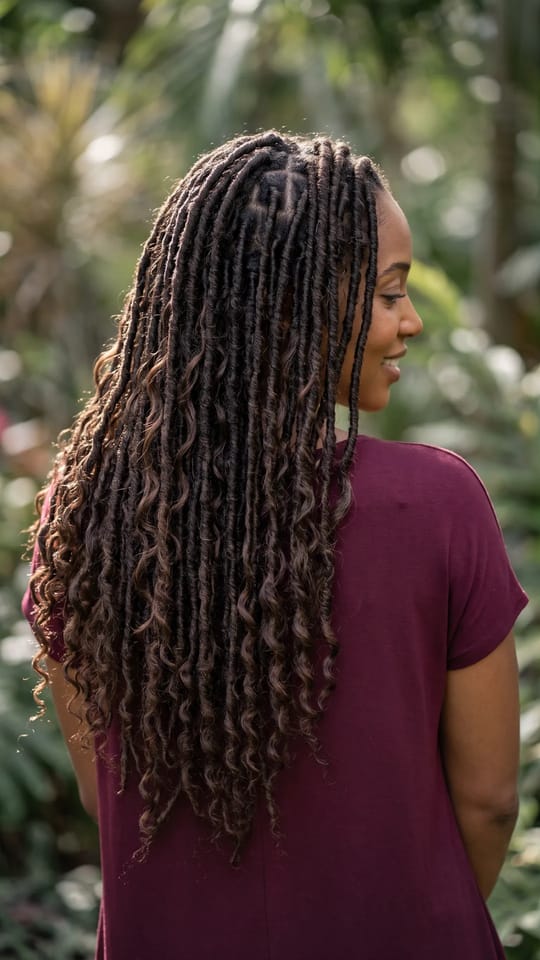 Goddess locs bouclées : Goddess locs : faux locs avec des boucles ondulées ajoutées aux pointes, longueur taille, brun profond, aspect romantique et fluide.
