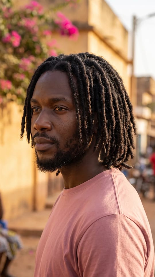 Locks d'homme aux épaules : Locks naturelles d'homme jusqu'aux épaules, épaisseur régulière, bien entretenues et brillantes, raie sur le côté, barbe courte soignée.
