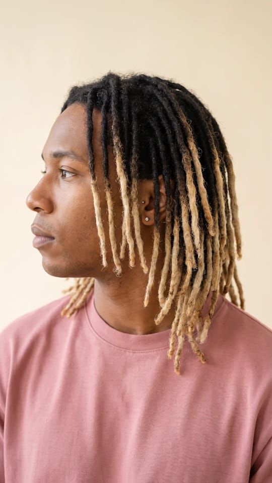 Locks d'homme pointes blondes : Locks naturelles d'homme aux pointes blondes décolorées sur racines noires, longueur épaules, locks régulières et nettes.