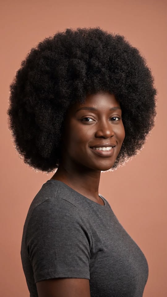 Perruque afro kinky 4C : Perruque afro kinky 4C au style naturel, coiffée en afro rond, dense et volumineux, noir naturel, ligne de naissance réaliste.
