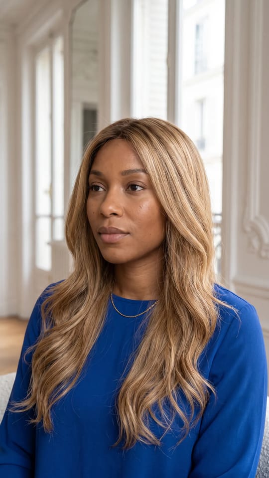 Perruque blond miel balayage : Perruque lisse sous les épaules en blond miel balayage, racines plus foncées, longs dégradés souples, brillance lumineuse.