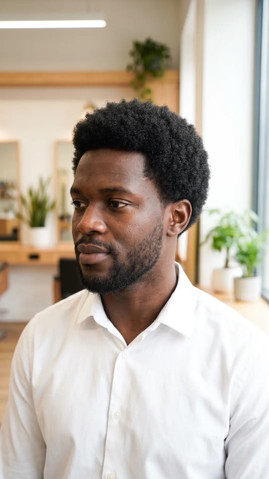 Perruque homme afro naturelle : Système capillaire d'homme à texture afro, coupe courte et ronde, ligne de front bien dessinée, naissance des cheveux naturelle, côtés dégradés.